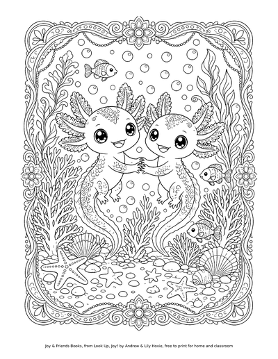 Coloring page of Cosmo and Nova in a coral reef