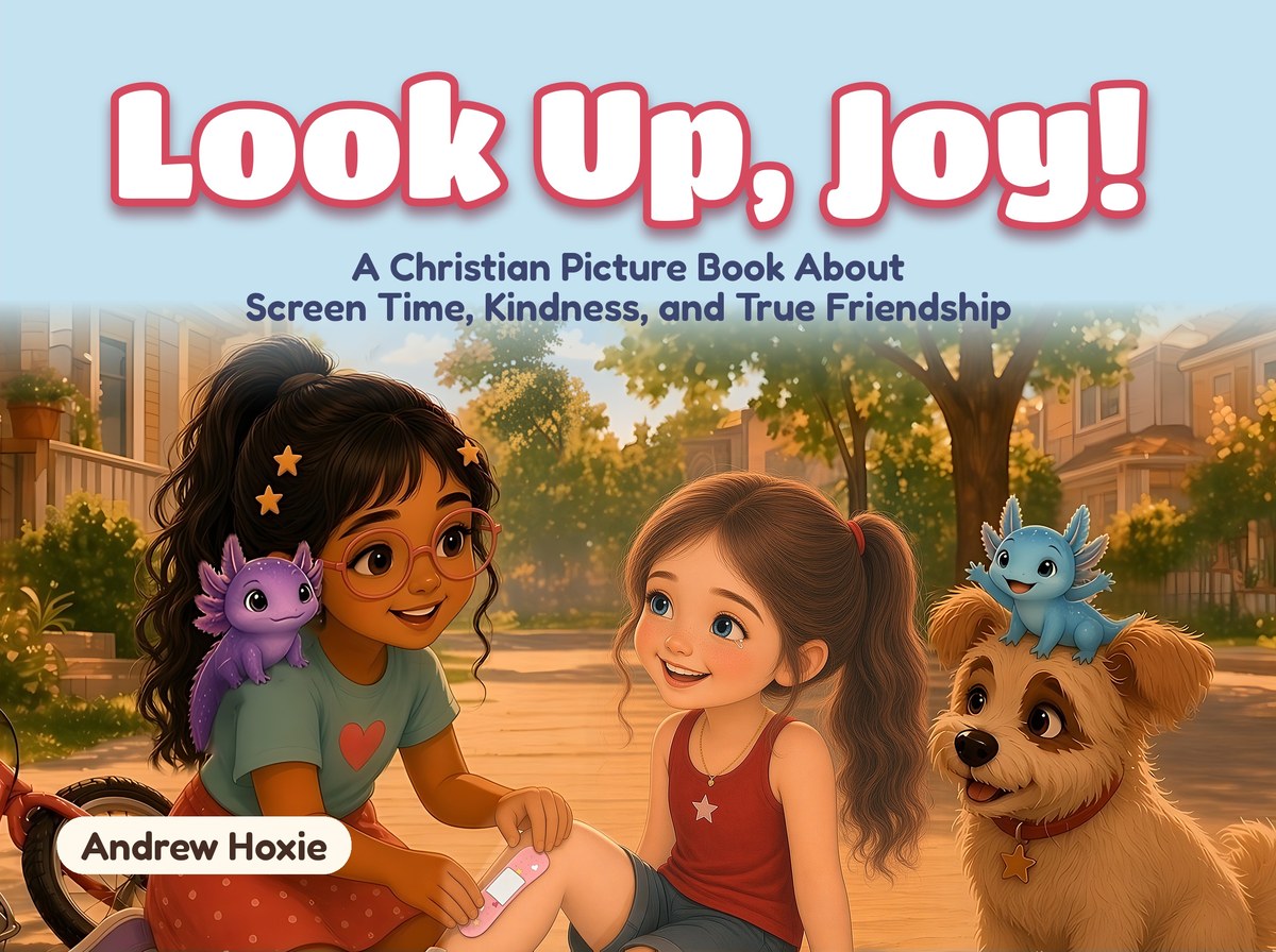 Cover of Look Up, Joy! showing Joy putting a bandage on her friend Lily's knee, with axolotls Cosmo and Nova and puppy Waffles