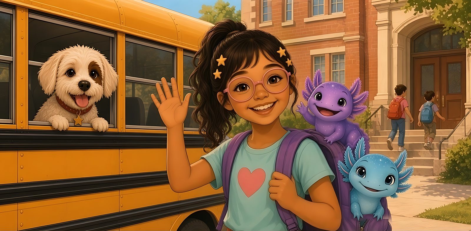 Joy with Cosmo and Nova at the school bus