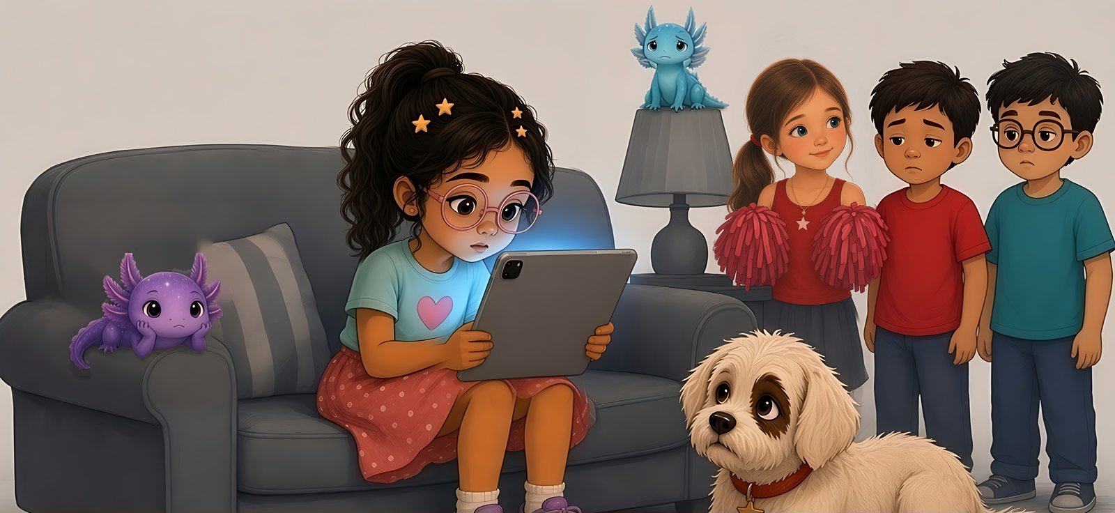 Friends wait while Joy stays on the couch with her iPad