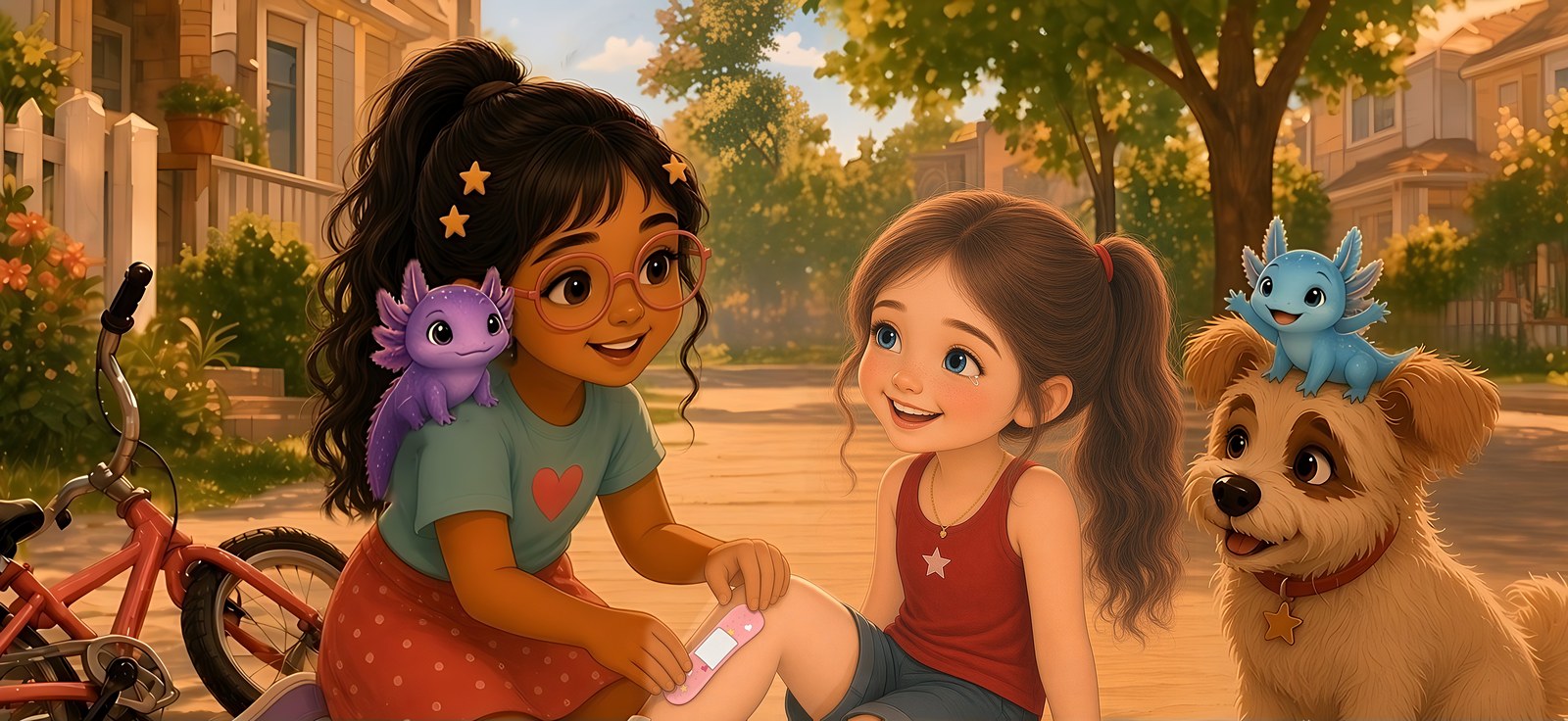 Joy helps her friend Lily after Lily falls off her bike